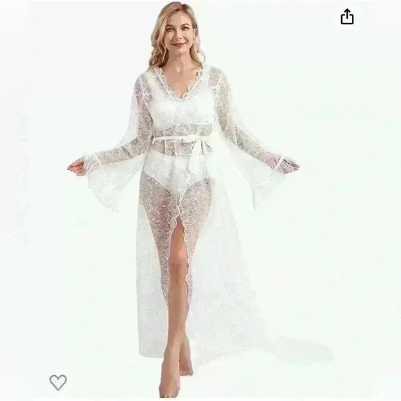 NEW Sheer Lace Tulle Robe with Long Train and Feather Cuffs (Belt Not Included) - Picture 1 of 5